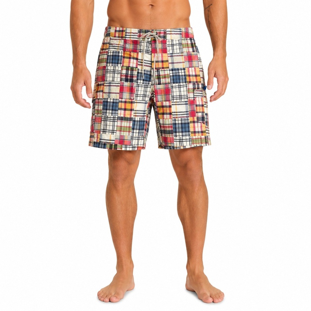 J.Crew Board Shorts Men 33 Multi-Color Patchwork Plaid Cotton Nylon Swim Trunks